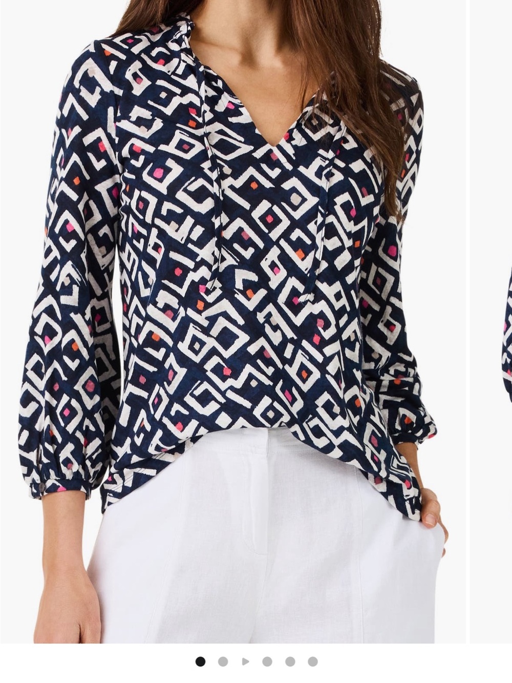 NIC+ZOE Navy Geometric Print Tie-Neck Blouse with Pink & Orange Accents